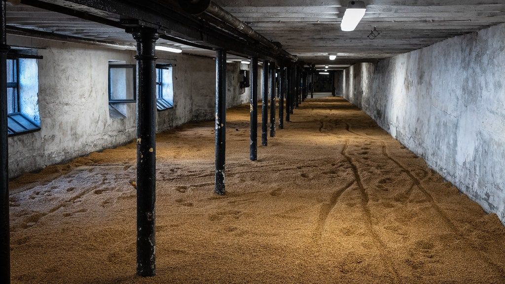 Malted barley spread across a long whitewashed malting floor